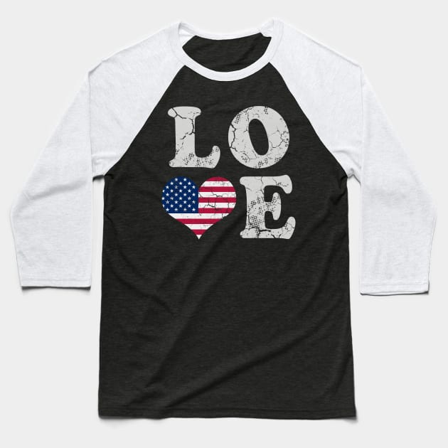 Love America USA  American Flag Heart Patriotic Baseball T-Shirt by E